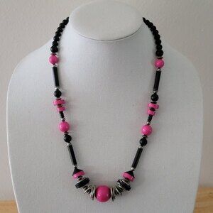 Vintage Black and Hot Pink Beaded Necklace with Silver Accents Retro Style